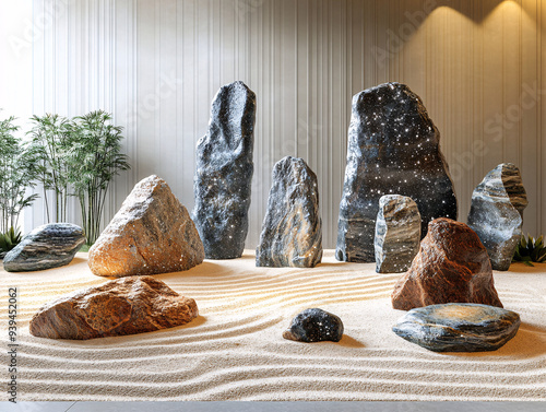 a japanese zen rock garden with carefully arranged stones. The garden is surrounded by lush greenery and bamboo. photo