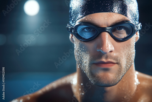 Focused swimmer wearing goggles in pool