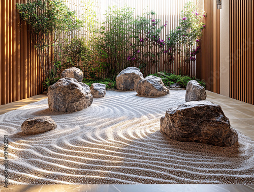 a japanese zen rock garden with carefully arranged stones. The garden is surrounded by lush greenery and bamboo. photo