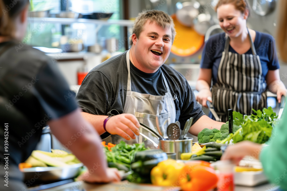 Man with Down syndrome smiling in kitchen Man with Down syndrome smiling in kitchen