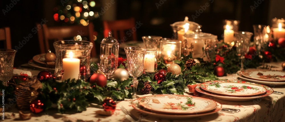 A festive dinner table set for Christmas with candles holly and ornaments A festive dinner table set for Christmas with candles holly and ornaments