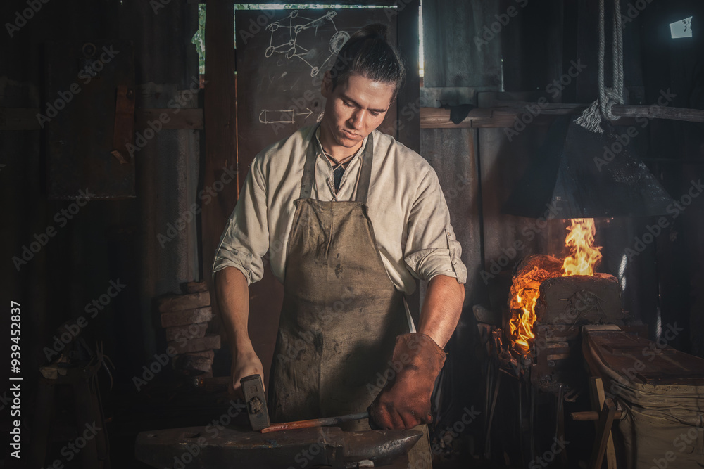 Blacksmith forges a red-hot metal piece on an anvil in a rural forge. Traditional crafts Blacksmith forges a red-hot metal piece on an anvil in a rural forge. Traditional crafts