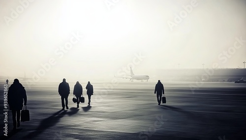 Silhouettes of people walking towards a plane on a foggy runway at an airport.