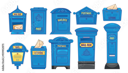 Various British Blue Mailboxes Displaying Assorted Styles And Designs. Visual Representation Of Postal Service