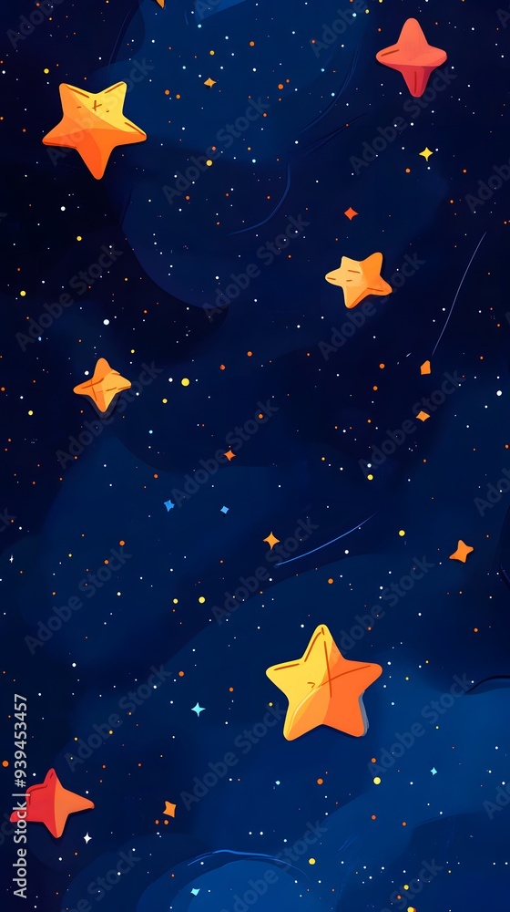 Fototapeta premium Orange Stars on Red Background, Abstract Image, Texture, Pattern, Wallpaper, Cover and Screen of Smartphone, Cell Phone, Computer, Laptop, 9:16 and 16:9 Format