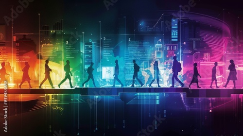 An abstract image showcasing humanoid silhouettes walking through a colorful digital landscape filled with various data representations and vibrant visuals. photo