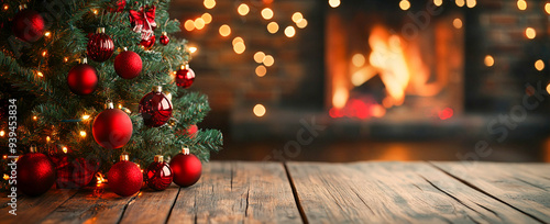 Árbol de Navidad con adornos rojos y guirnaldas frente a una chimenea borrosa sobre una mesa de madera, con espacio para copiar un mensaje de texto o un diseño. Fondo festivo con un árbol de Navidad