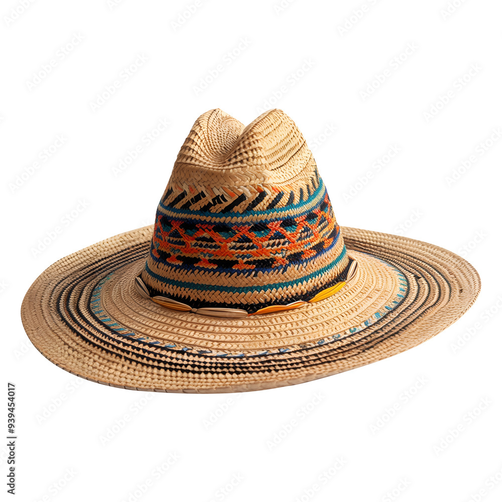 A colorful hat with a black band and a yellow band. The hat is made of straw and has a wide brim A colorful hat with a black band and a yellow band. The hat is made of straw and has a wide brim