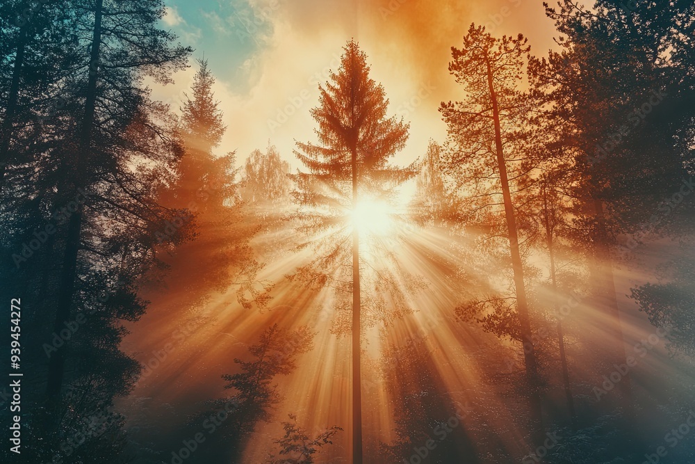 A scenic sunrise in a forest with tall trees and fog, creating a mystical atmosphere. A scenic sunrise in a forest with tall trees and fog, creating a mystical atmosphere.