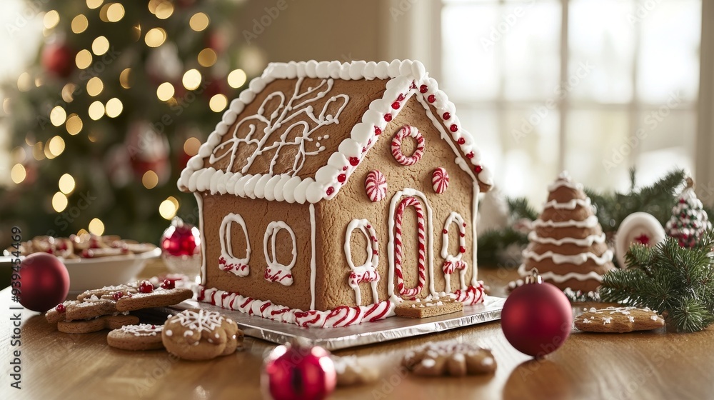 a decorated gingerbread house and Christmas cookies a decorated gingerbread house and Christmas cookies