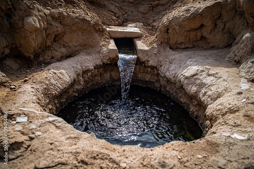 A small, hand-built well in the desert with a channel feeding water into it, with water bubbling up. photo