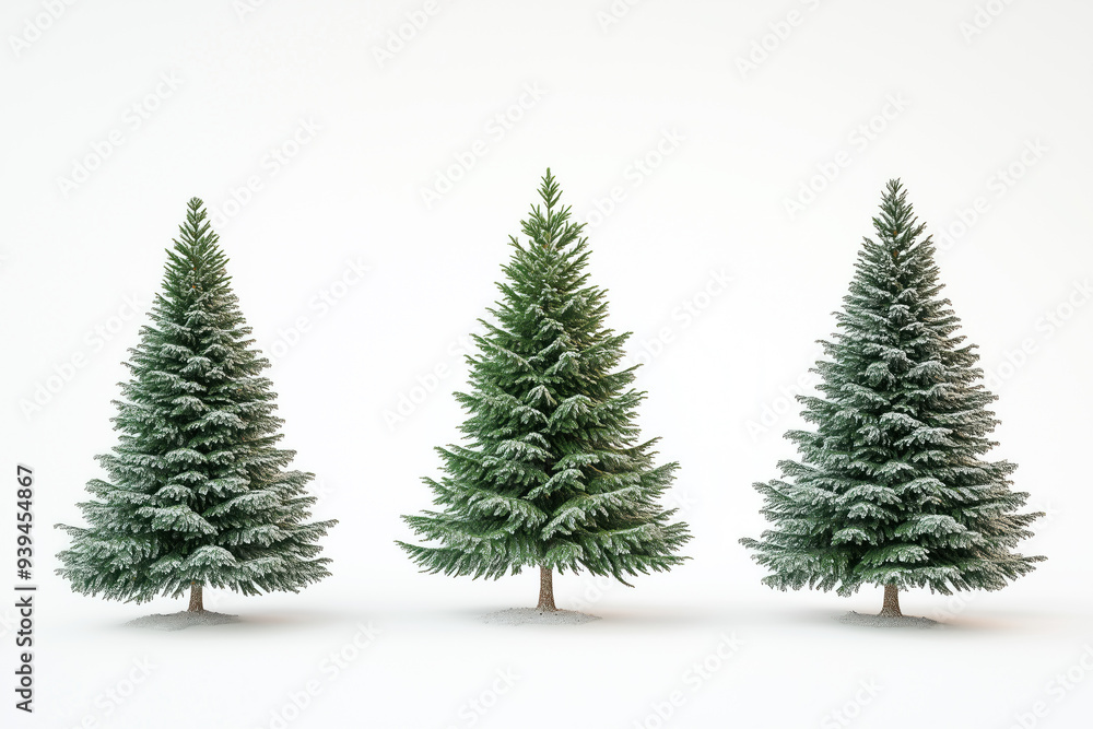 Fototapeta premium White background with three Christmas trees blanketed in snow