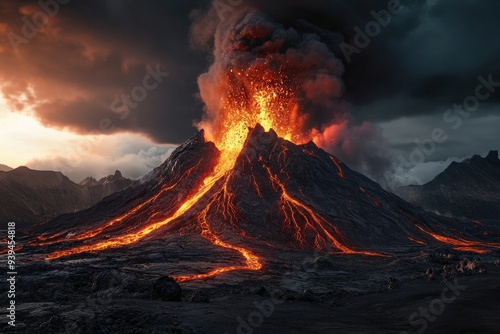 A breathtaking view of a volcano erupting with molten lava streams flowing down its sides, set against a dramatic, dark sky heavy with ash and smoke.