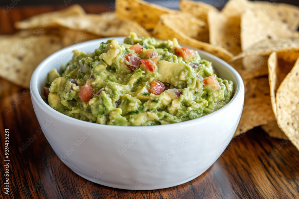 Guacamole dip in white bowl with tortilla chips Guacamole dip in white bowl with tortilla chips