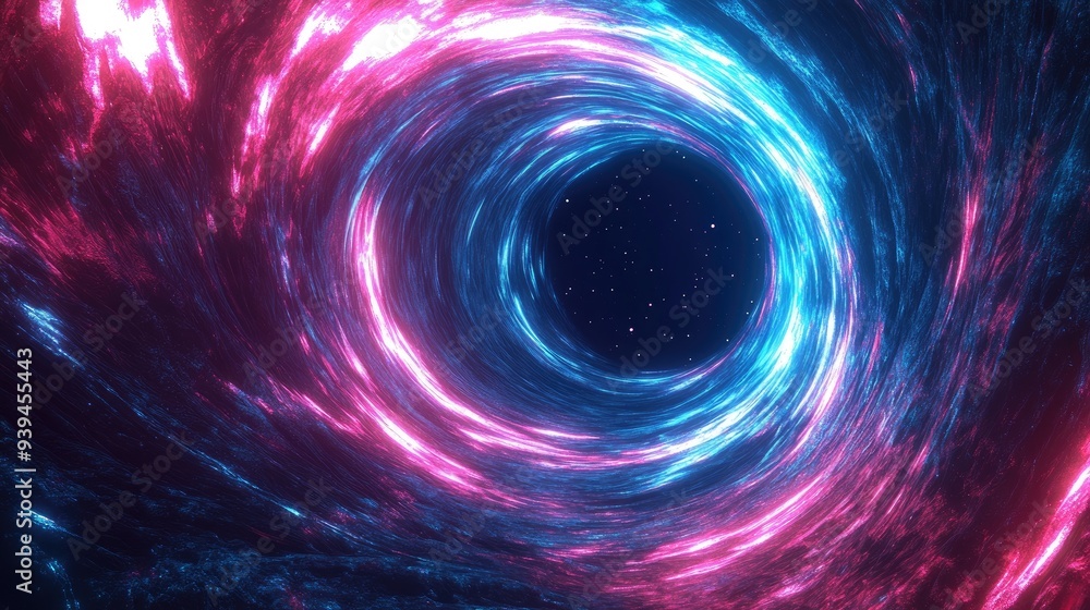 An abstract cosmic scene with a black hole at the center, surrounded by swirling pink and blue neon lines, An abstract cosmic scene with a black hole at the center, surrounded by swirling pink and blue neon lines,