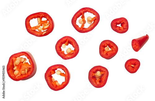 Wall Mural Sliced ​​hot red pepper isolated on transparent background, top view