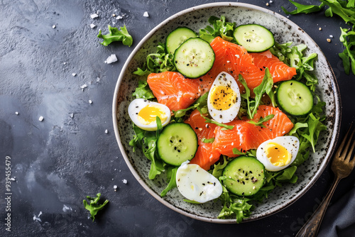 Fresh salmon salad with soft-boiled eggs and cucumber photo