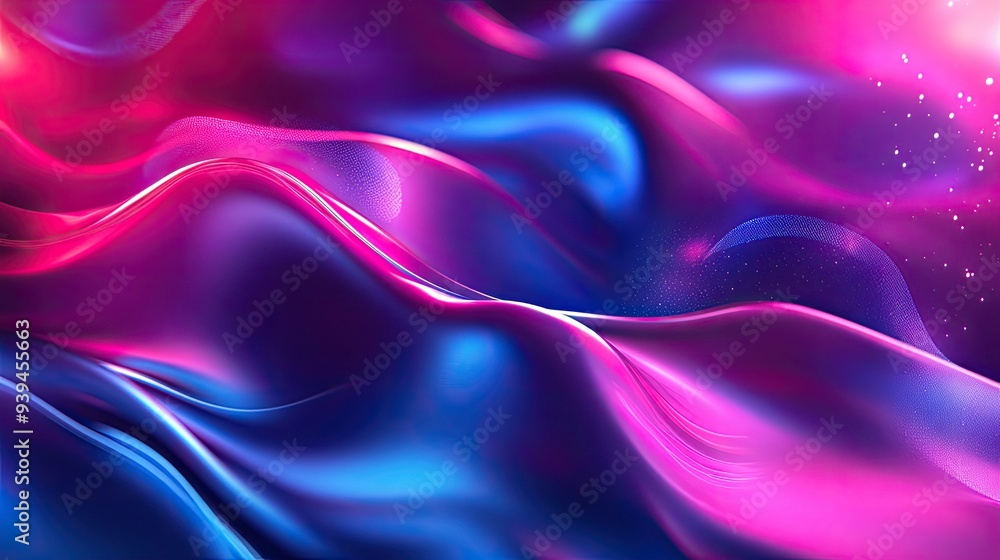 Obraz premium An abstract background with a color gradient from dark blue to magenta, featuring fluid waves and bright light spots. Ideal for bold,