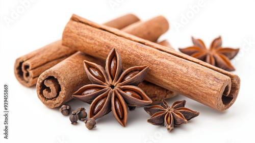 Pile of cinnamon sticks and anise flowers overlapping on a white background 