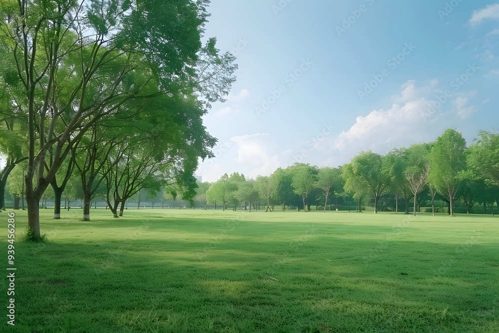 Serene park landscape with lush greenery and clear blue skies. Serene park landscape with lush greenery and clear blue skies.