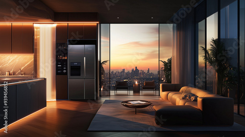 Luxurious High-Rise Apartment with Sunset Cityscape