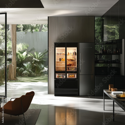 Luxury Kitchen with Modern Refrigerator and Garden View