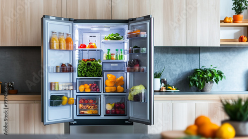 Open Refrigerator with Fresh Produce in Modern Kitchen