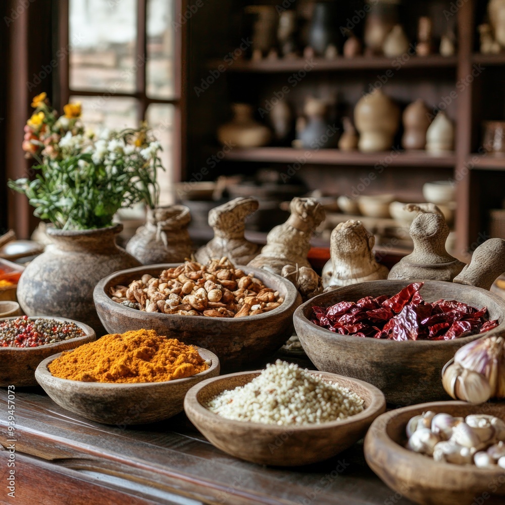 Wooden Bowls of Spices and Dried Herbs - Realistic Still Life Photography Wooden Bowls of Spices and Dried Herbs - Realistic Still Life Photography