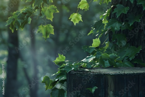 Lush green ivy leaves on a tree stump in a serene forest atmosphere. photo