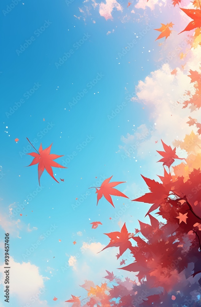Dreamy Cartoon Sky with Red Maple Leaves, Light Blue Background, and Glowing Effects
Dreamy Cartoon Sky with Red Maple Leaves, Light Blue Background, and Glowing Effects