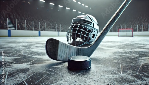 Hockey Stick, Puck, and Helmet on Ice Rink During Match