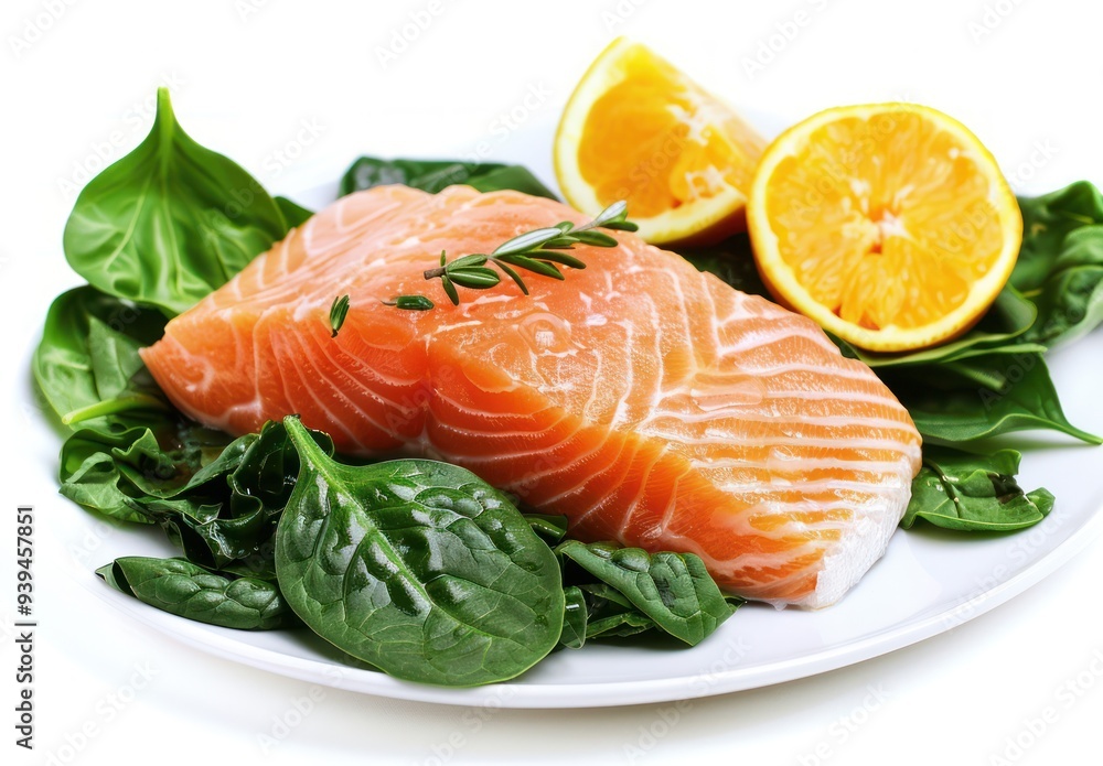 Fresh Salmon Fillet with Spinach and Orange Slices Fresh Salmon Fillet with Spinach and Orange Slices