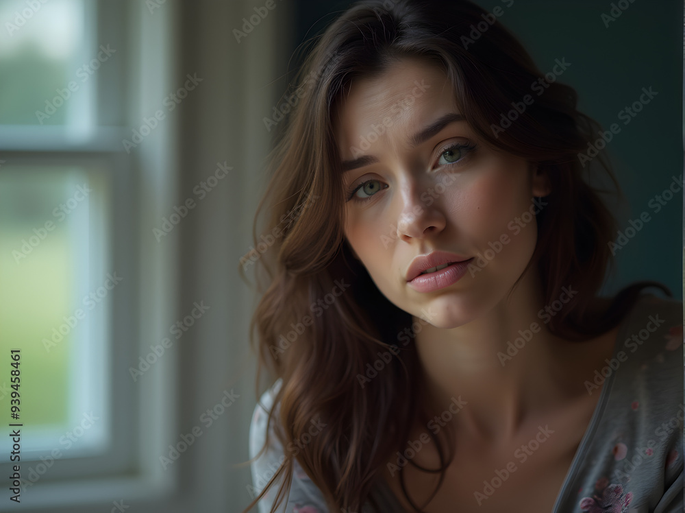 A young woman with a serious expression looks towards the camera, capturing a moment of contemplation and emotion in a softly lit indoor setting A young woman with a serious expression looks towards the camera, capturing a moment of contemplation and emotion in a softly lit indoor setting