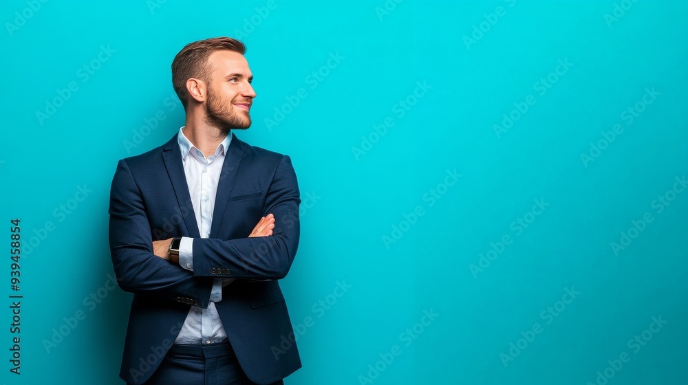 Confidently Looking Ahead: A portrait of a young, successful businessman in a sharp blue suit, standing with arms crossed against a vibrant blue backdrop. Confidently Looking Ahead: A portrait of a young, successful businessman in a sharp blue suit, standing with arms crossed against a vibrant blue backdrop.