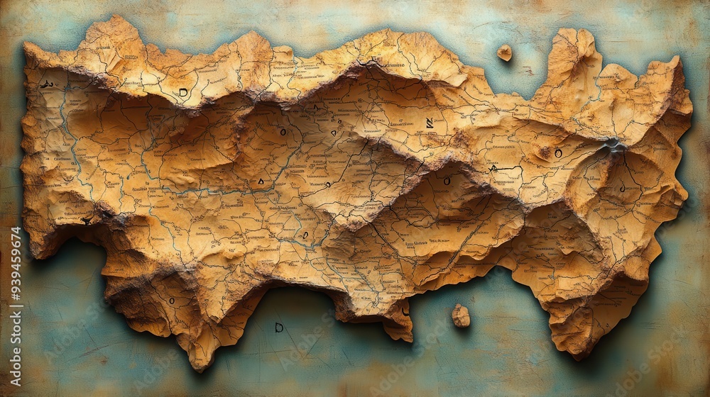 topographic terrain map with intricate contour lines detailed trail markers and geographic relief patterns muted earth tones on weathered parchmentlike background topographic terrain map with intricate contour lines detailed trail markers and geographic relief patterns muted earth tones on weathered parchmentlike background