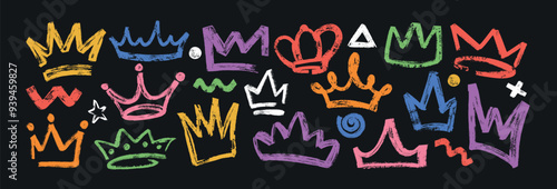 Vector grunge bold crown set on black background. Color king or prince diadems. Hand drawn brush stroke princess tiara, royal queen head accessories, curved lines, spiral and dots in graffiti style.