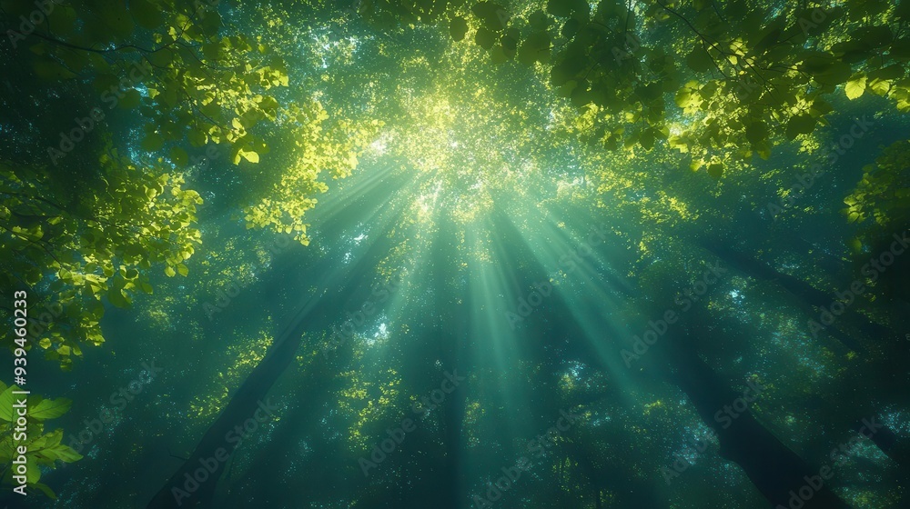 Obraz premium towering ancient forest canopy viewed from below sunlight filtering through lush green leaves creating a dappled effect misty atmosphere with rays of light