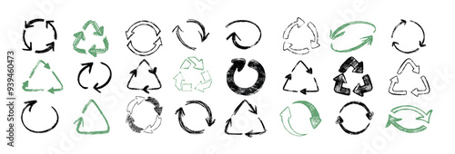Vector set of recycling symbols. Hand drawn chalk recycle arrow. Charcoal pencil reuse, eco friendly, environment and refresh icon. Zero waste. Reusable sketch signs. Round doodle circular arrow.