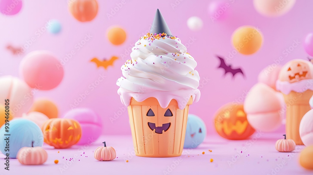 Ice cream parlor, decorated with spooky Halloween elements, party scene, 3D illustration Ice cream parlor, decorated with spooky Halloween elements, party scene, 3D illustration