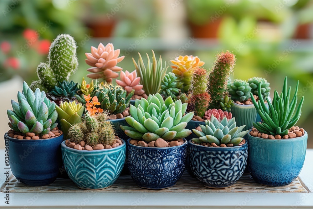A Collection of Succulents and Cacti in Blue and Green Pots A Collection of Succulents and Cacti in Blue and Green Pots