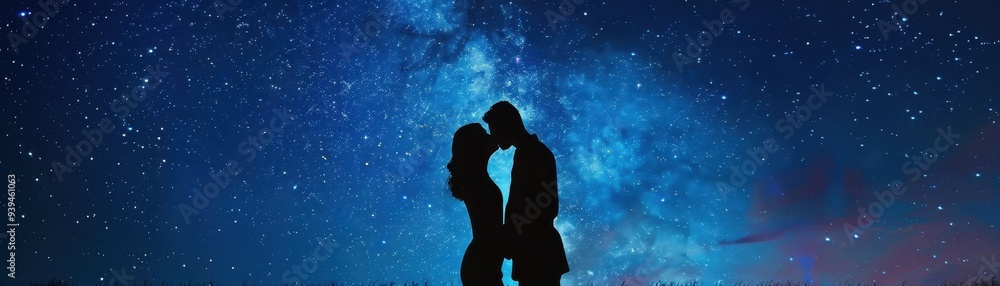 Silhouetted couple kissing under a starry sky, expressing love and romance against a breathtaking cosmic backdrop. Silhouetted couple kissing under a starry sky, expressing love and romance against a breathtaking cosmic backdrop.