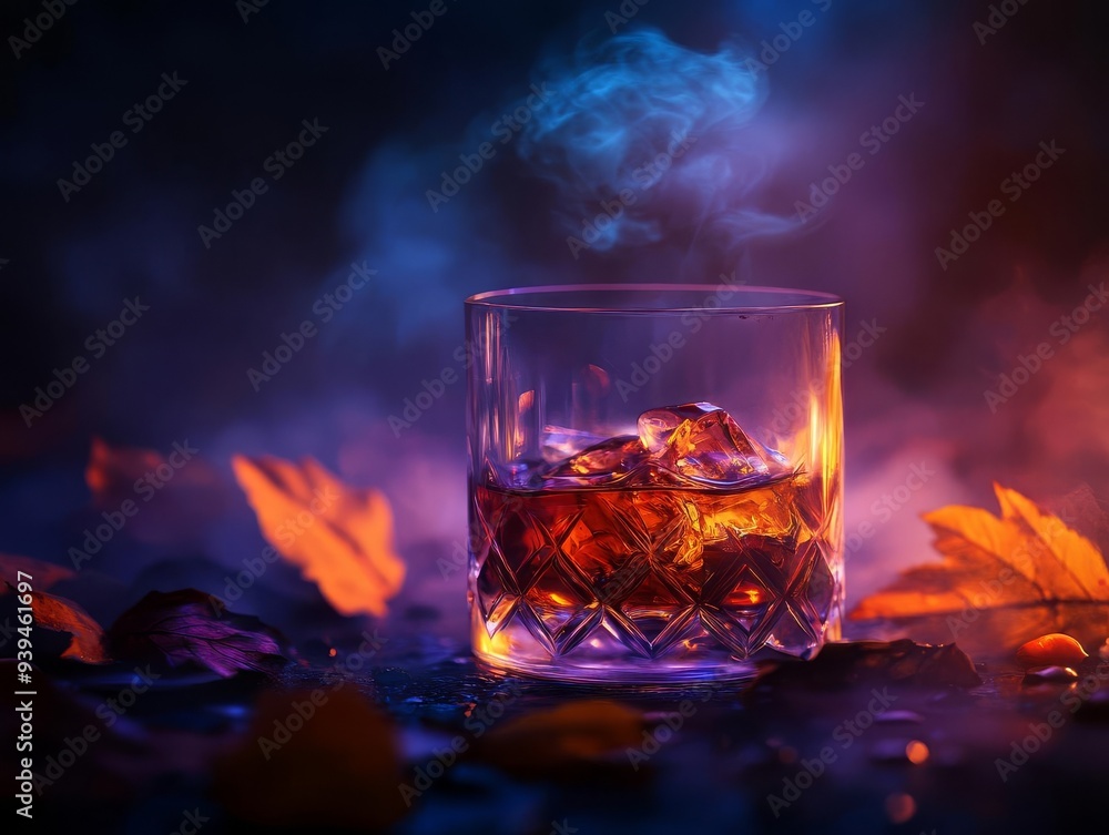 A captivating glass of whiskey on a bed of autumn leaves with smoky blue lighting, evoking warmth and coziness. A captivating glass of whiskey on a bed of autumn leaves with smoky blue lighting, evoking warmth and coziness.