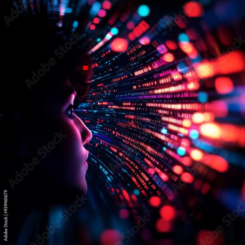 A captivating abstract representation of a person's profile amidst vibrant light patterns and data streams.