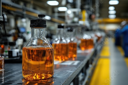 Amber Liquid in Glass Bottle on Metal Shelf in Factory