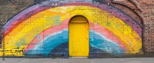 Bright rainbow-painted brick wall with a yellow door, symbolizing urban revitalization, community art, and the transformative power of color
