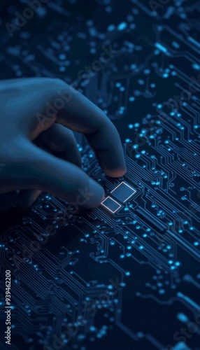 A close-up of a hand placing a chip onto a dark circuit board, highlighting technology and innovation in electronics. photo