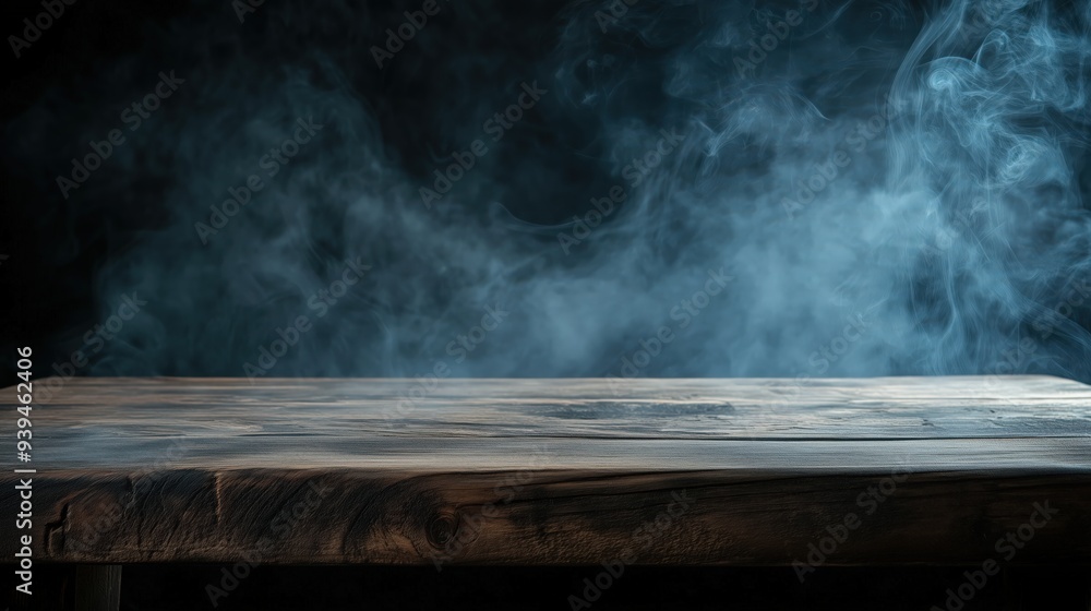 A rustic wooden table with dark smoke swirling in the background, creating a moody and mysterious atmosphere. A rustic wooden table with dark smoke swirling in the background, creating a moody and mysterious atmosphere.
