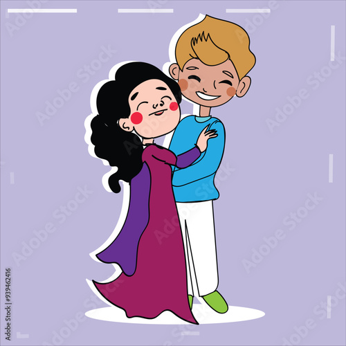 illustration of a romantic couple full of love. A man hugging a woman a picture of a family. Hand drawn couple in love with light purple background