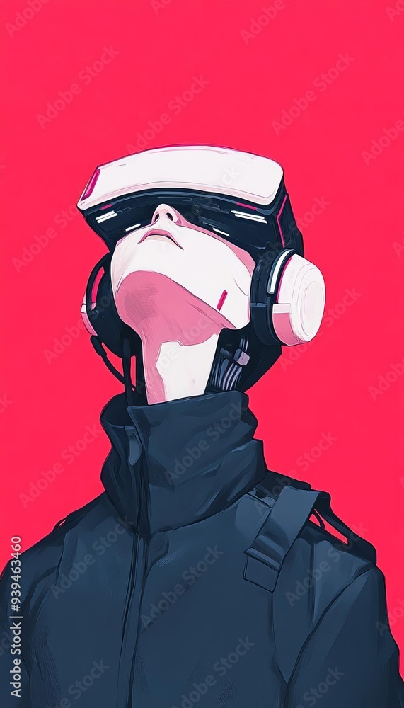 A futuristic figure wearing VR goggles, immersed in virtual reality against a vibrant red background. A futuristic figure wearing VR goggles, immersed in virtual reality against a vibrant red background.