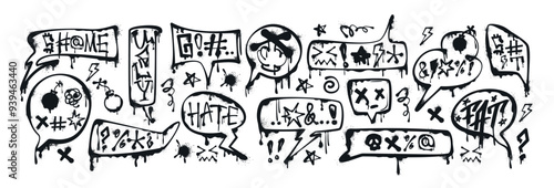 Graffiti spray paint speech bubbles with curses, insults, offensive words, skull, censored. Hand drawn ink talk frames, dialogue box or text balloons with swearwords. Aggressive emotions and profanity
